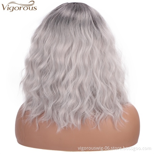 Vigorous Ombre Gray Wigs Short Bob Wavy Fashion Wig for Women Side Part Natural Wave Synthetic Cosplay Wigs